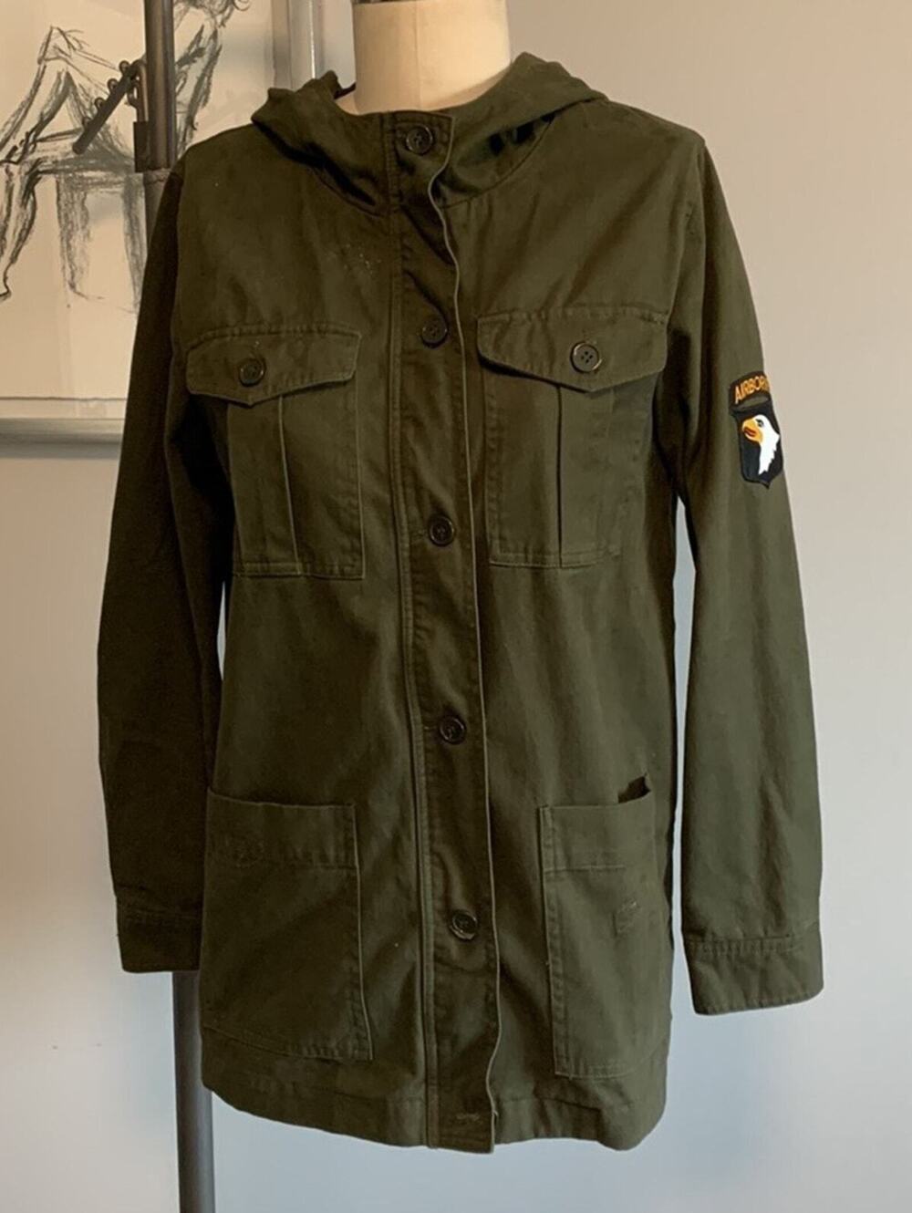 Forever 21 Hooded Military Jacket Khaki Utility Large Olive Green Women